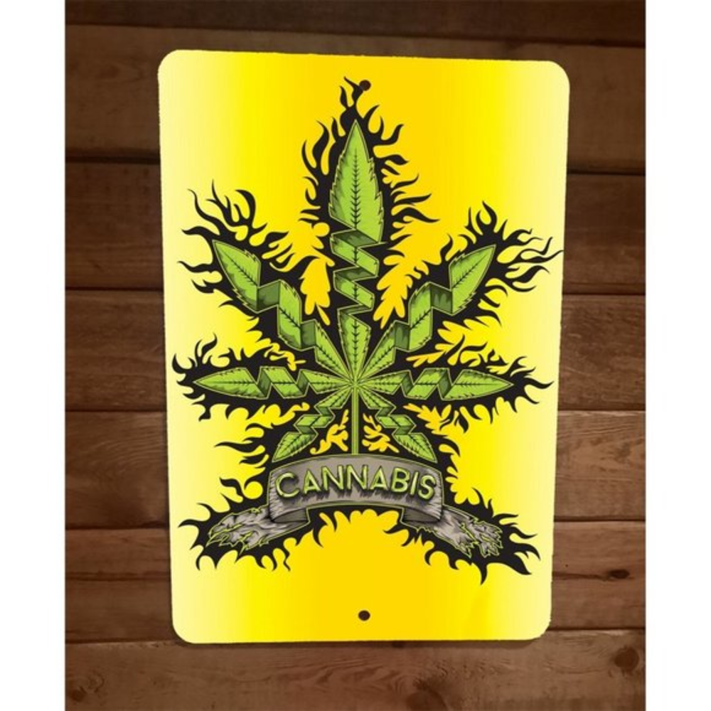 Cannabis Plant Yellow 8x12 Metal Wall Sign 420 Mary Jane